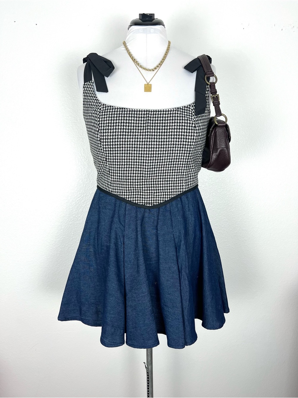 Houndstooth Tie-Shoulder Corset Top in Black and White